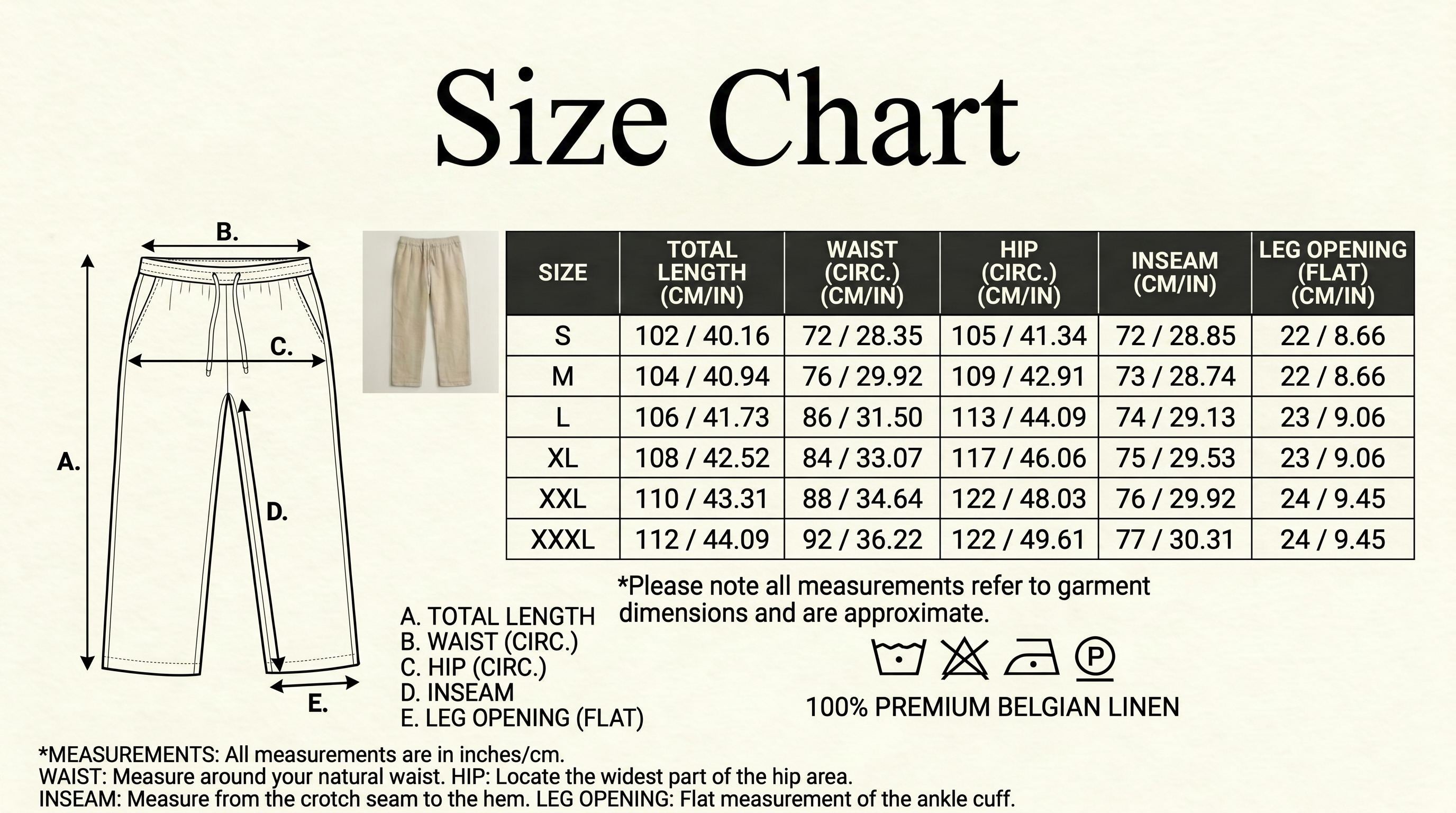 Guide des tailles pantalon lin